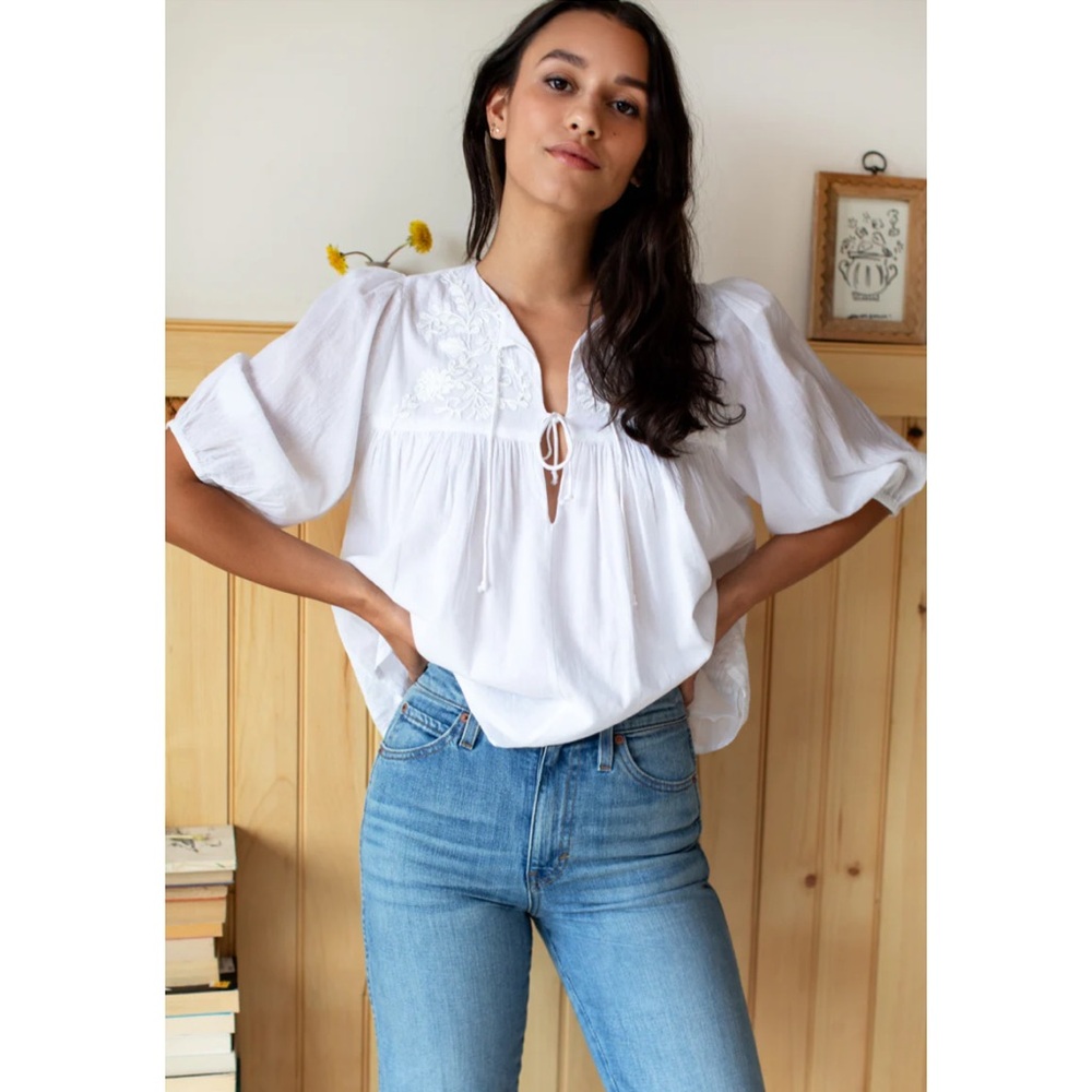 India Collection Emerson Fry Organic Cotton Embroidered Tie Front Top Womens - Picture 13 of 14